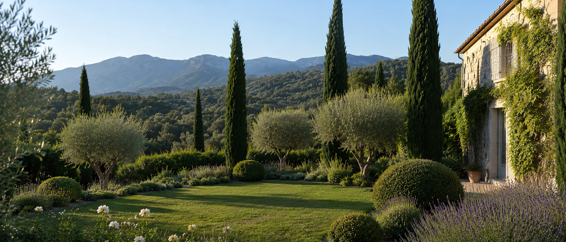 Jardin de mas provençal avec cyprès et vue sur le Luberon – Cyprès du Luberon