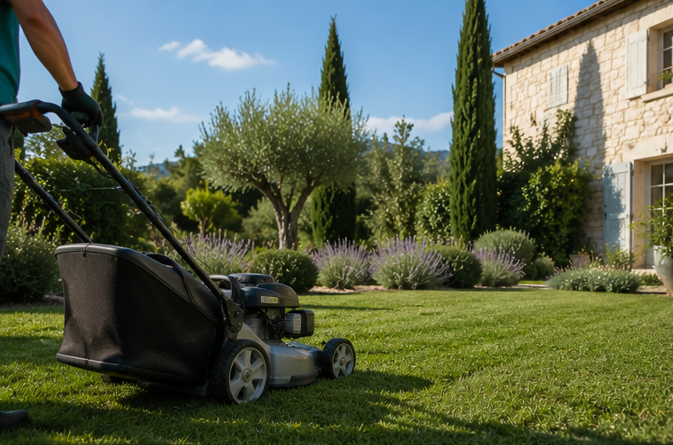 Tonte et entretien de pelouse dans un jardin de maison à Robion
