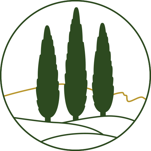 Logo avec trois cyprès vert au centre, en dessous des arcs de cercle qui forme la terre, en arriere plan une ligne or representant le Luberon. Le tout dans un cercle parfait