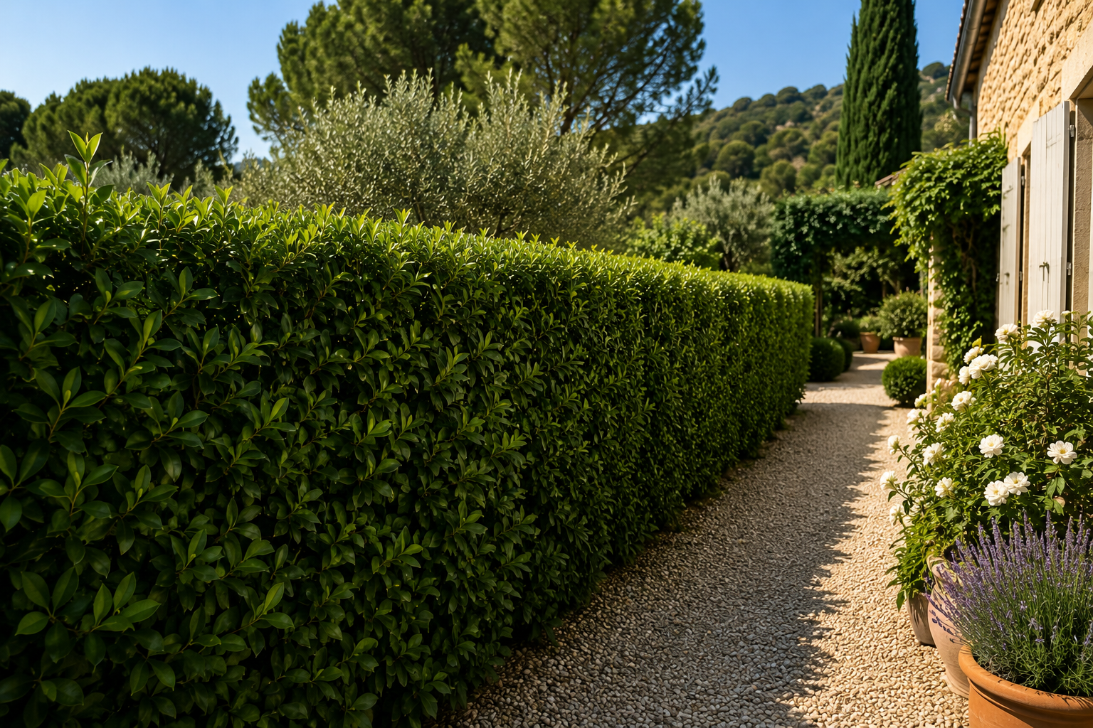Haie taillée et jardin entretenu dans une propriété du Luberon