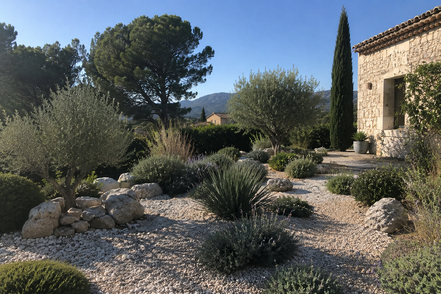 Création paysagère de jardin sec sans entretien à Robion dans le Luberon Vaucluse