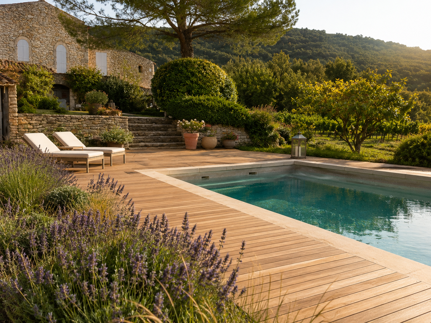 Terrasse en bois autour d'une piscine dans un jardin provençal entretenu dans le Luberon