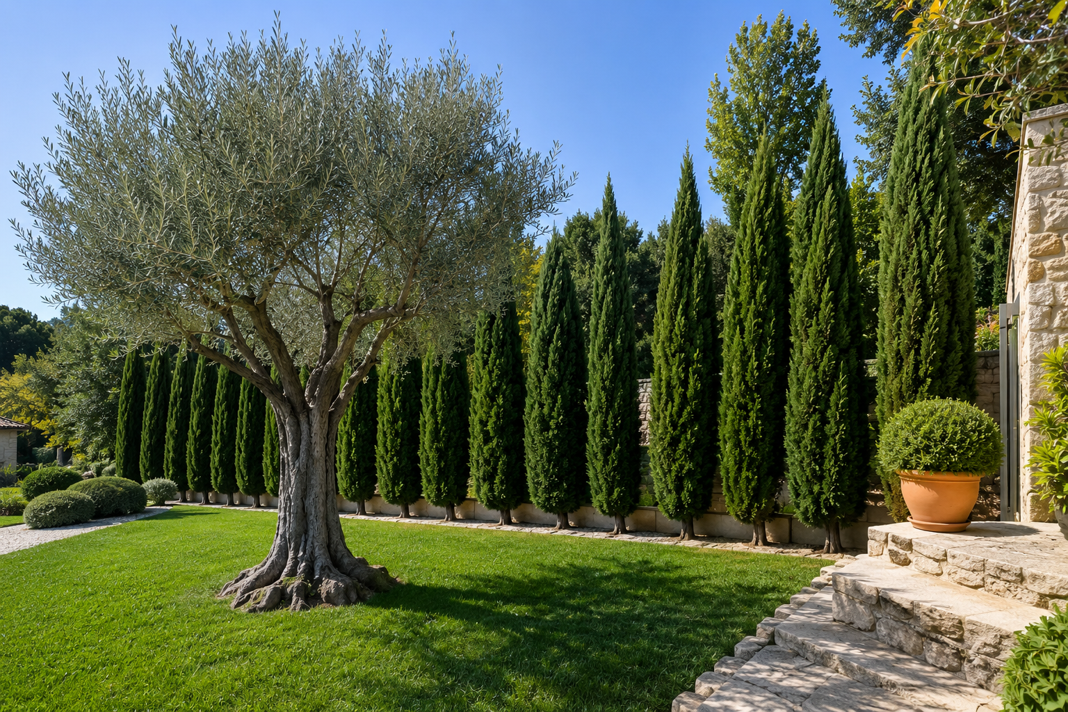 Jardin méditerranéen entretenu avec olivier et cyprès dans le Luberon